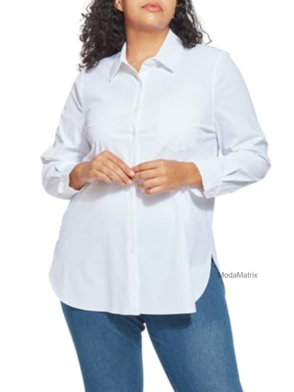 Womens Button Down Shirt Long Sleeve Laser Cut Hem Office Work Blouse